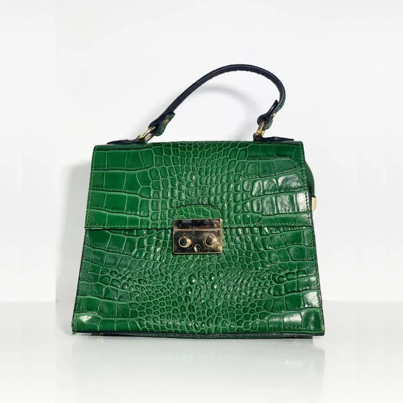 Sac en cuir vert à effet crocodile de ShoeDine avec fermeture et détails dorés