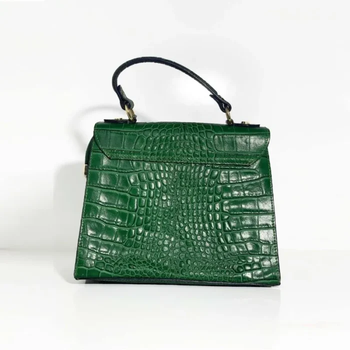 Sac en cuir vert à effet crocodile de ShoeDine avec fermeture et détails dorés